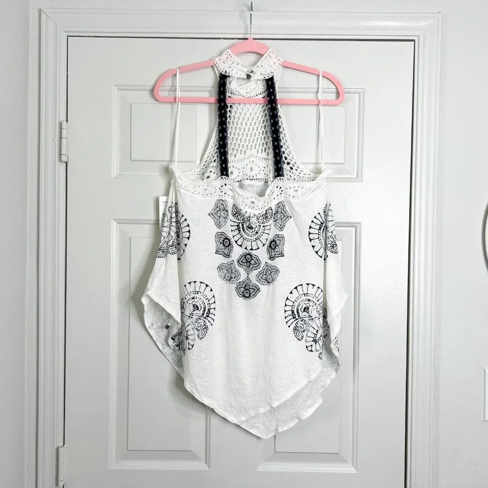 Free People Mandolin White and Navy Blue Crochet High Neck Halter Top - Picture 7 of 7